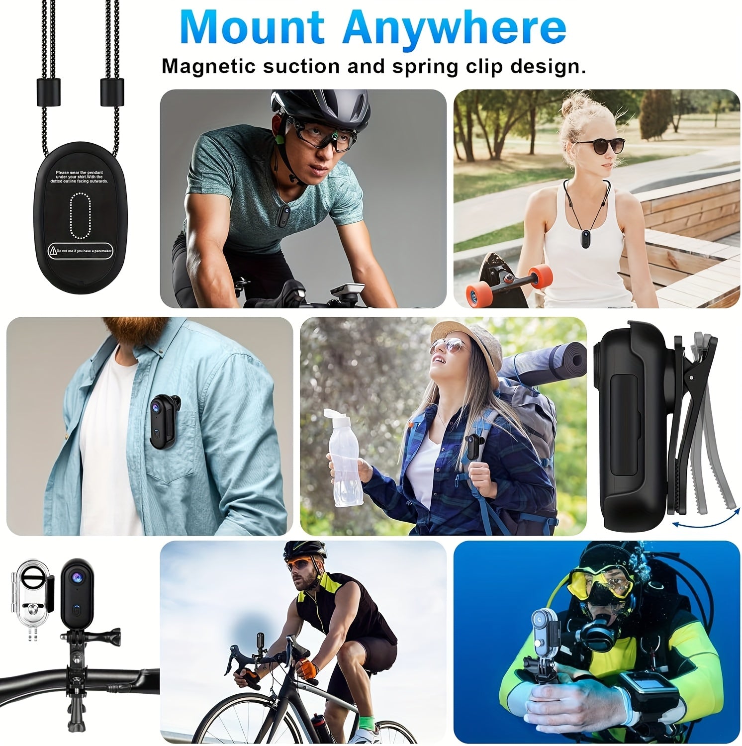 ClipCam 4K action camera with magnetic mount and spring clips shown in various outdoor sports and activity scenarios