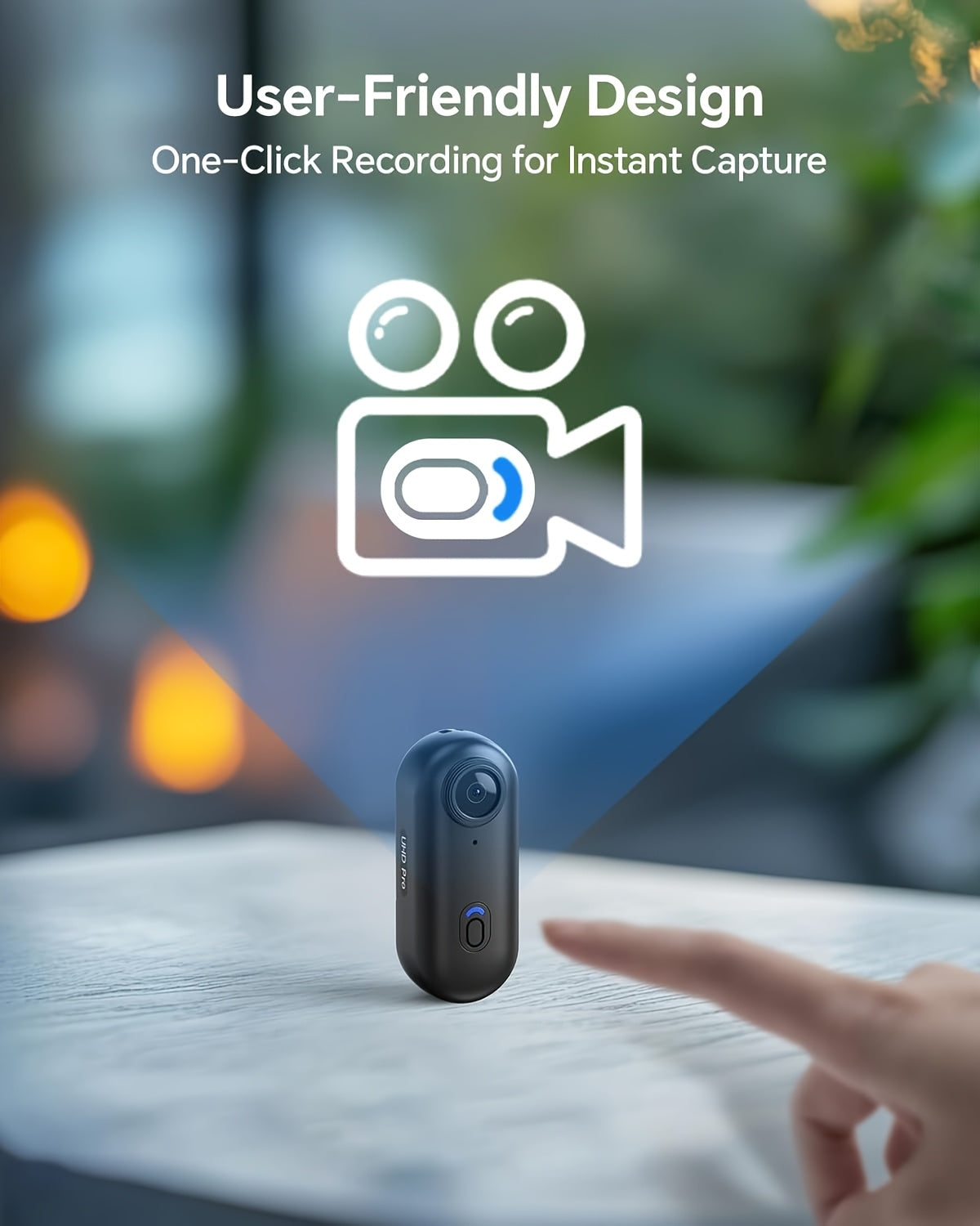 ClipCam 4K action camera with one-click recording button shown on white surface - compact black design with blue LED indicator