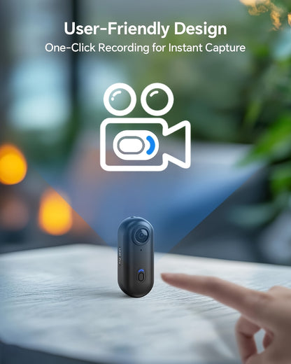 ClipCam 4K action camera with one-click recording button shown on white surface - compact black design with blue LED indicator