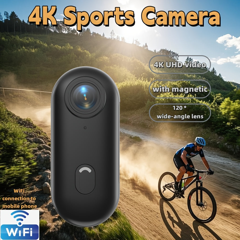 ClipCam 4K action camera with wide-angle lens shown in black, mounted on cyclist during mountain trail ride at sunset