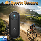 ClipCam 4K action camera with wide-angle lens shown in black, mounted on cyclist during mountain trail ride at sunset