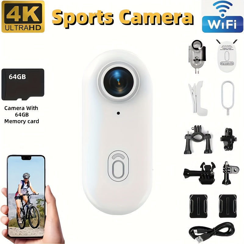 ClipCam 4K sports camera in white with mounting accessories and WiFi connectivity - includes 64GB storage and lens kit