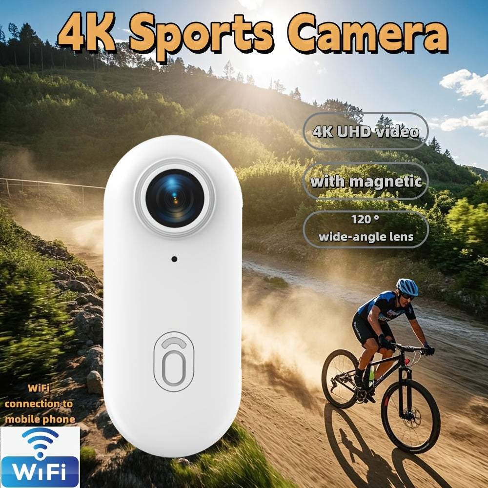ClipCam 4K sports camera in white with wide-angle lens capturing mountain biker on dusty trail at sunset