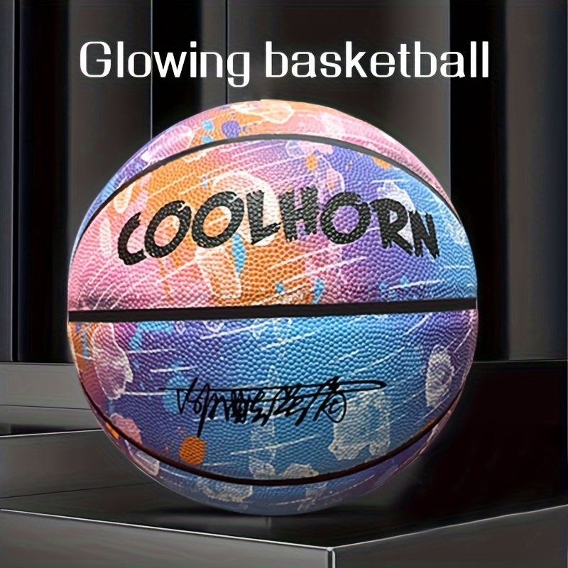 Close-up of the GlowHoop glowing basketball during the day