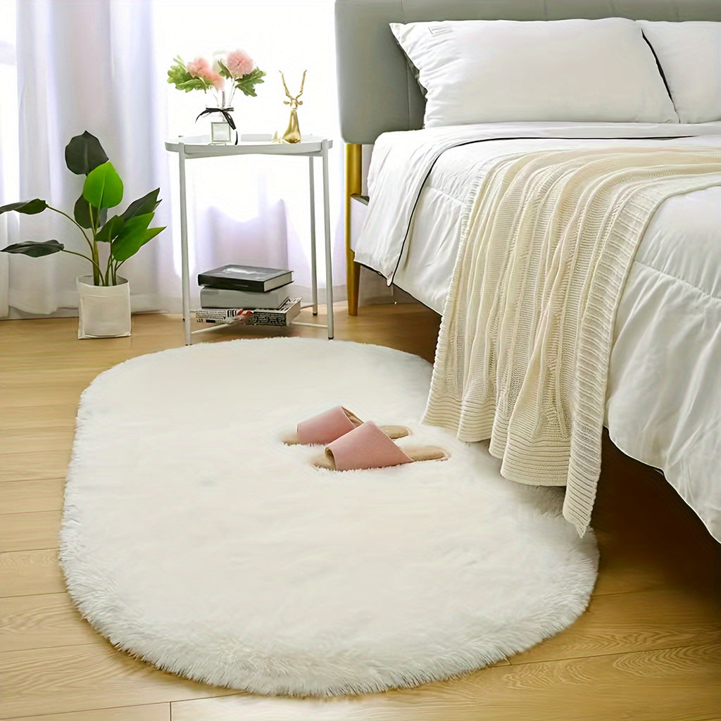 CloudLuxe Ultra Soft Plush Rug in cream white displayed in modern bedroom with pink slippers and minimalist decor