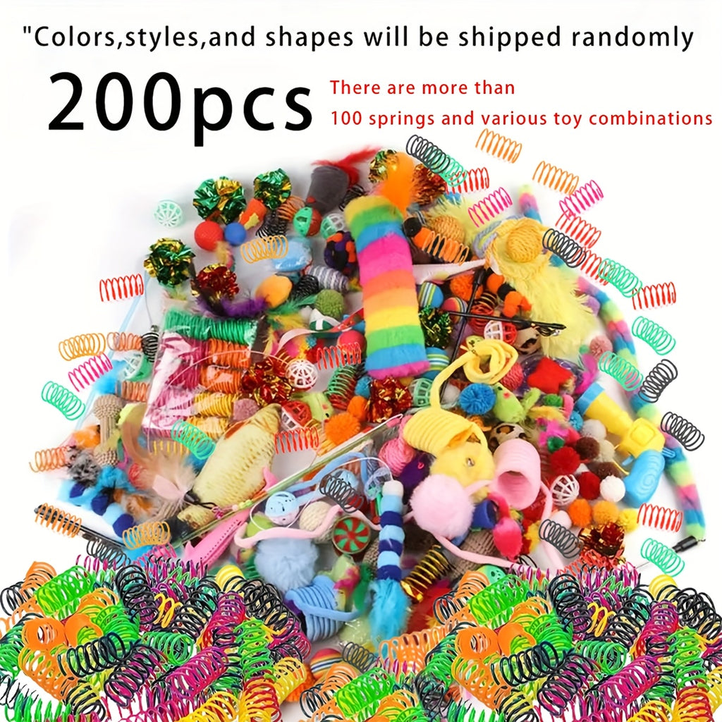 Colorful PurrPlay cat toy mega pack featuring 200 assorted toys including springs, plush mice, balls and interactive toys