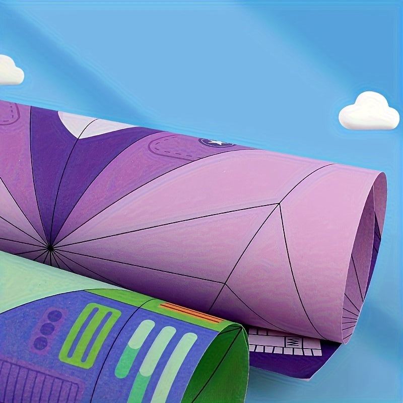 Colorful SkyGlide origami paper airplane designs in purple and green with pre-marked fold lines against blue sky backdrop