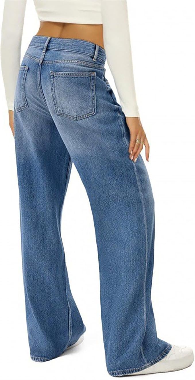 ComfiJeans relaxed-fit wide-leg denim in classic blue wash, shown from back view with white crop top and sneakers