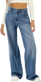 ComfiJeans relaxed-fit wide-leg denim in medium wash blue, styled with white crop top and sneakers - casual comfort wear