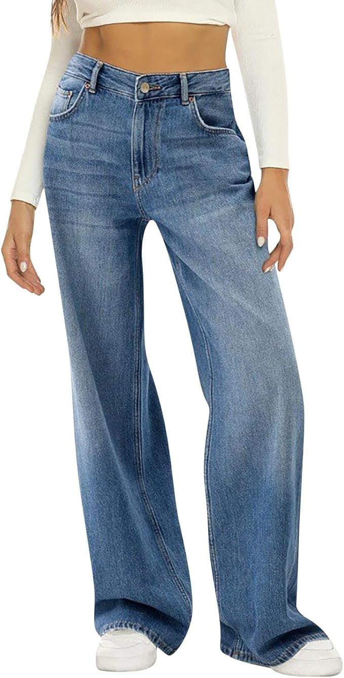 ComfiJeans relaxed-fit wide-leg denim in medium wash blue, styled with white crop top and sneakers - casual comfort wear