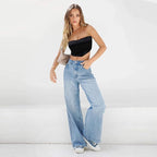 ComfiJeans shown in light blue denim wide-leg style paired with black tube top, demonstrating casual comfort fit