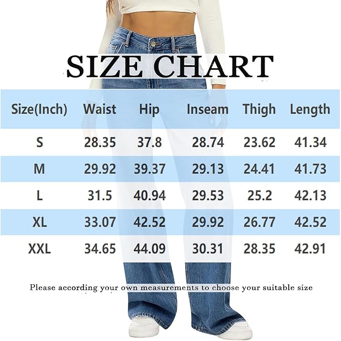 ComfiJeans size chart showing measurement details for waist, hip, inseam, thigh and length across sizes S through XXL