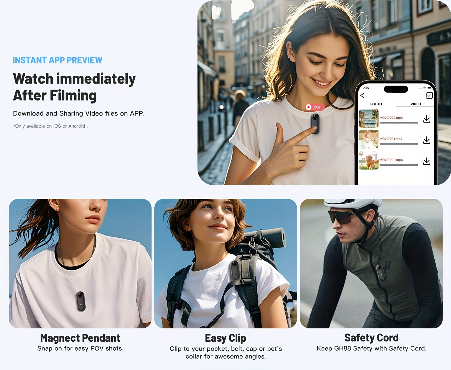 Compact ClipCam 4K action camera shown in wear positions - chest mount, clip-on pendant, and helmet attachment