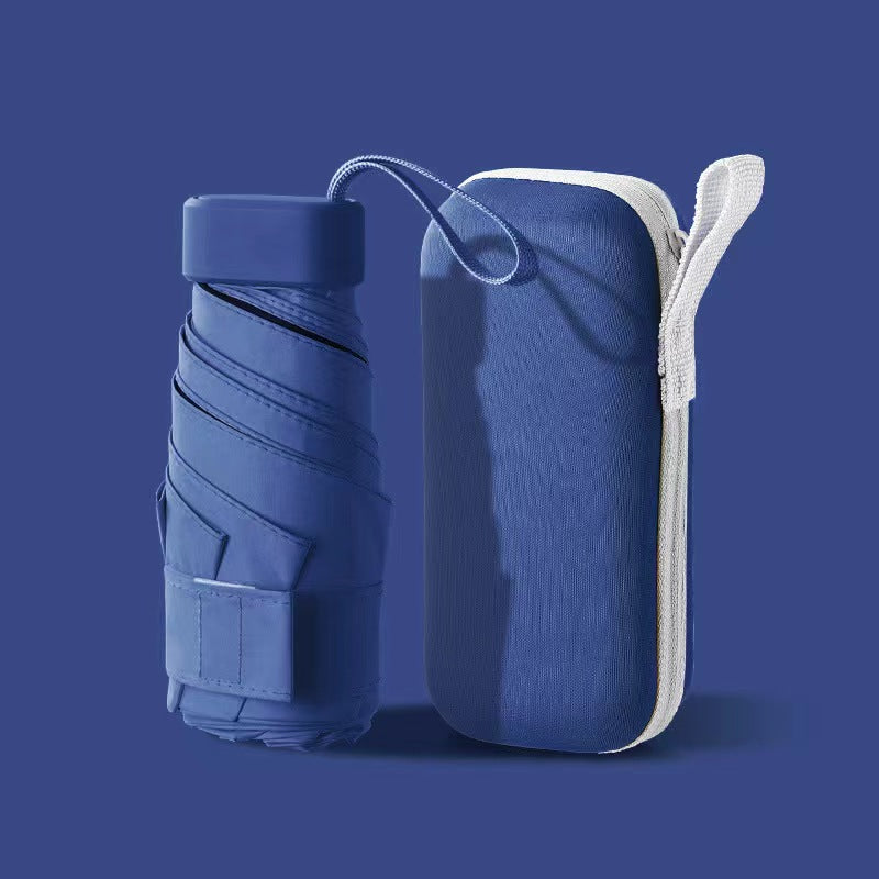 Compact Mini Pocket Umbrella in navy blue with protective travel case showing foldable design and storage solution