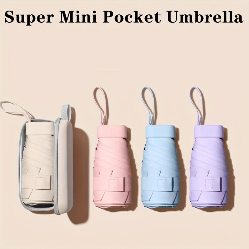 Compact Mini Pocket Umbrellas in pastel colors - beige, pink, blue, and purple with protective cases and wrist straps