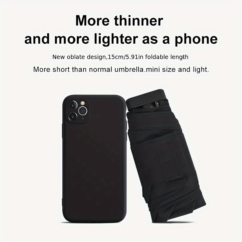 Compact black Mini Pocket Umbrella shown next to smartphone demonstrating ultra-portable folded size and slim design