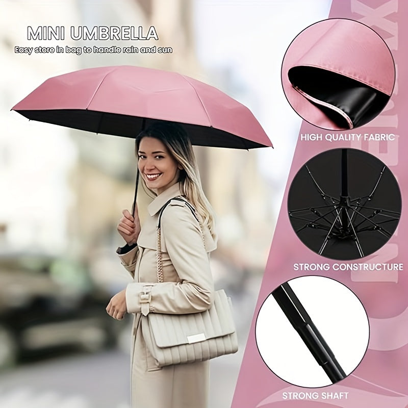 Compact pink Mini Pocket Umbrella with black interior, strong frame and fabric showcased with detailed construction features