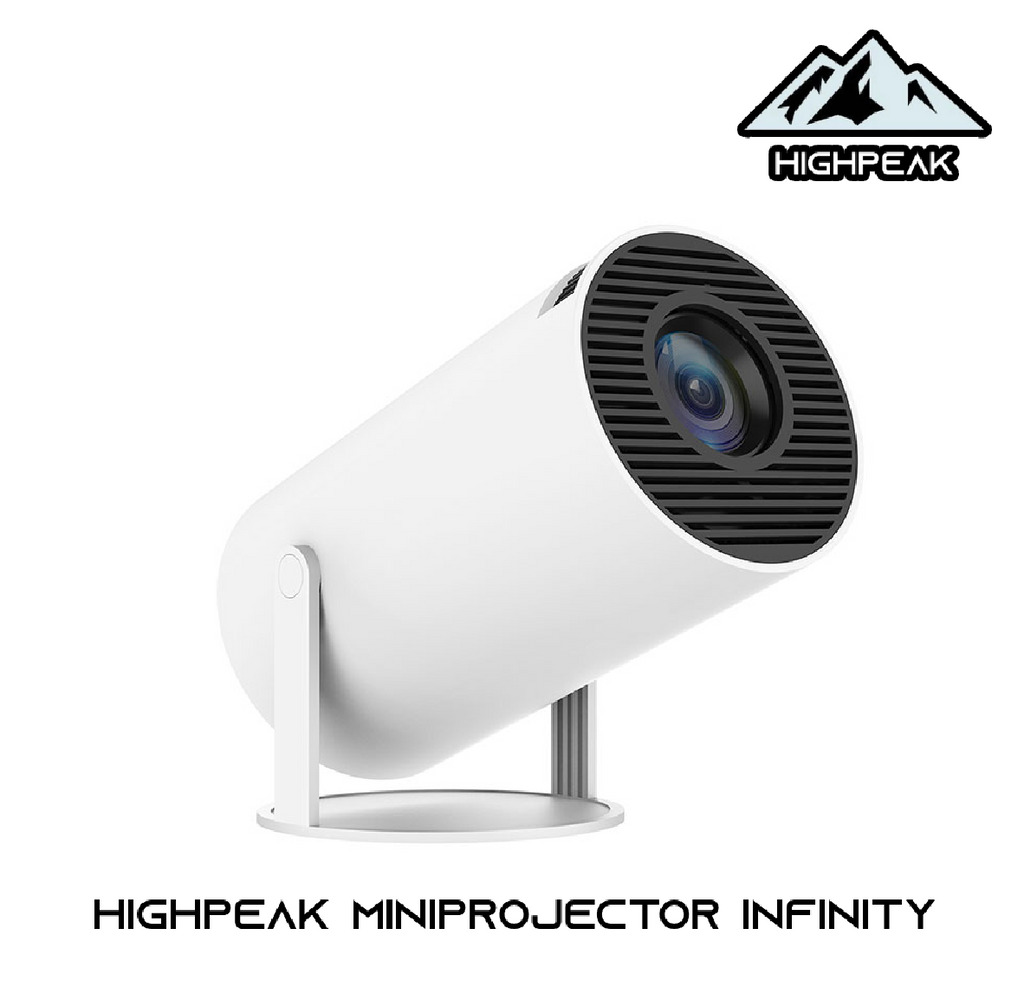 Compact white mini projector with black lens housing and silver stand on white background