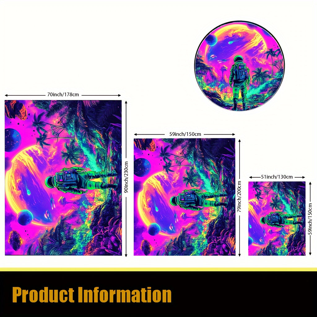 Cosmic Odyssey Glow Tapestry featuring UV-reactive astronaut exploring neon space landscape with vibrant pink and turquoise planets