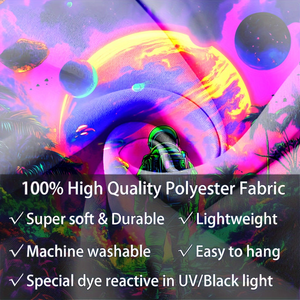 Cosmic Odyssey Glow Tapestry featuring neon space scene with astronaut silhouette and planets in vibrant pink and blue UV-reactive design