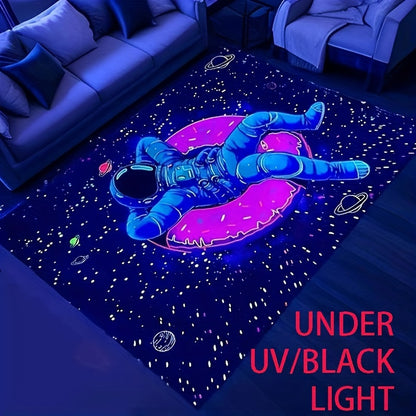 CosmoGlow Astronaut Rug featuring neon blue spaceman floating on pink ring amid glowing stars under UV blacklight in living room