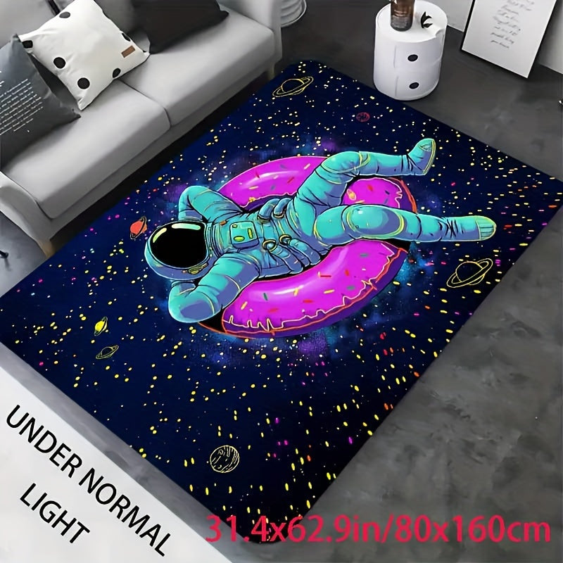 CosmoGlow Astronaut Rug featuring spaceman floating on pink donut in starry galaxy space, turquoise spacesuit glowing on navy background