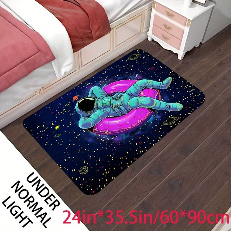 CosmoGlow Astronaut Rug featuring teal spacesuit figure floating on pink cosmic donut against starry galaxy background