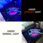CosmoGlow Astronaut Rug showing UV-reactive design - floating astronaut in blue suit on pink ring against starry background