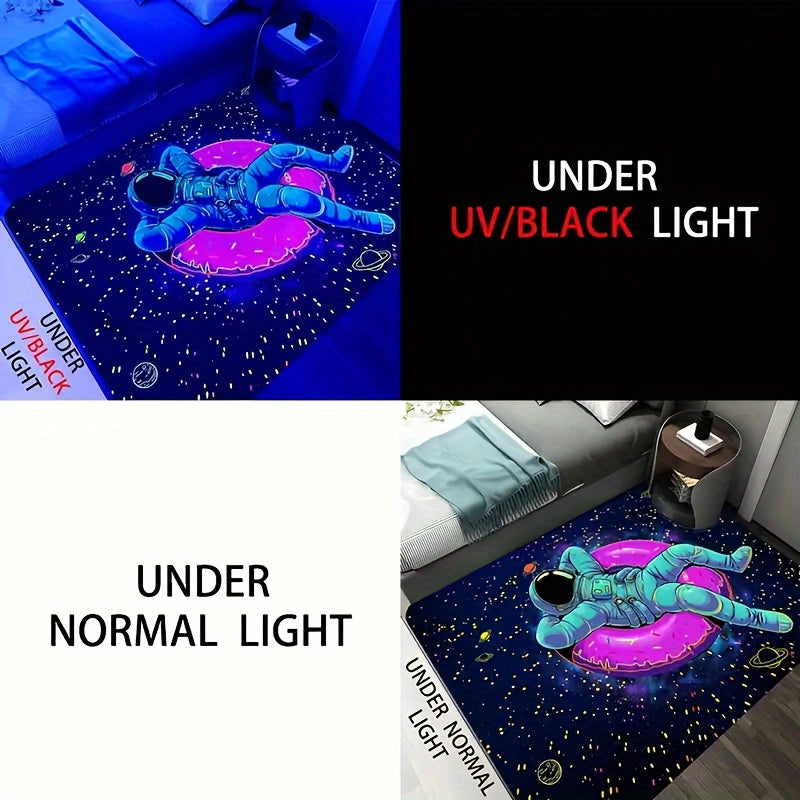 CosmoGlow Astronaut Rug showing UV-reactive design - floating astronaut in blue suit on pink ring against starry background