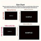 CosmoGlow Astronaut Rug size chart showing four rectangular dimensions - 90x60cm, 180x120cm, 160x80cm, and 250x180cm sample layouts