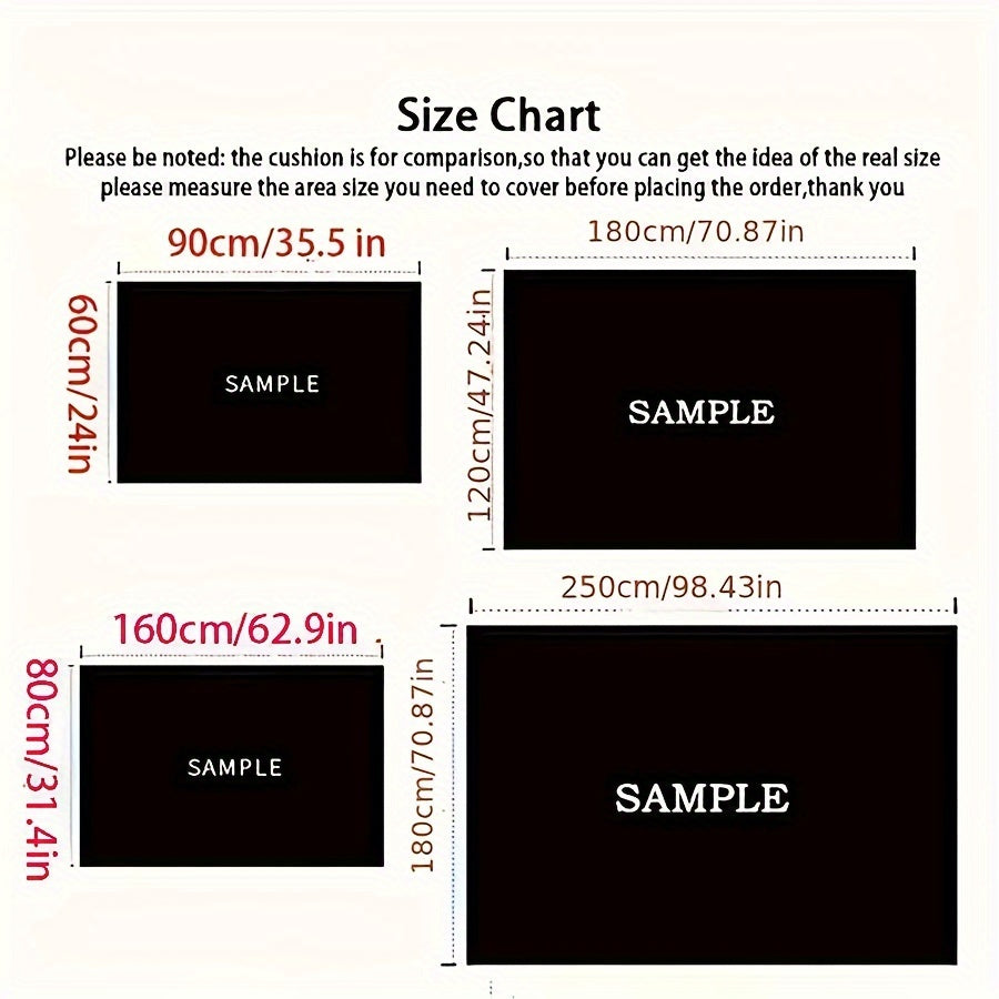 CosmoGlow Astronaut Rug size chart showing four rectangular dimensions - 90x60cm, 180x120cm, 160x80cm, and 250x180cm sample layouts