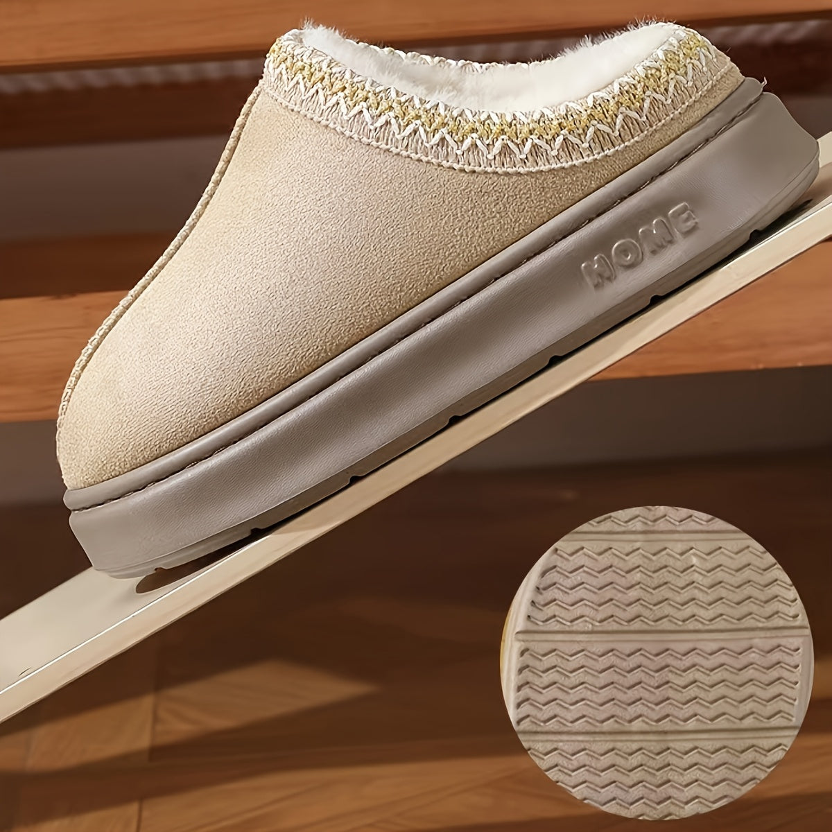 CozyGlide beige suede slipper with white fleece trim and knit pattern collar on anti-slip sole, shown with tread detail