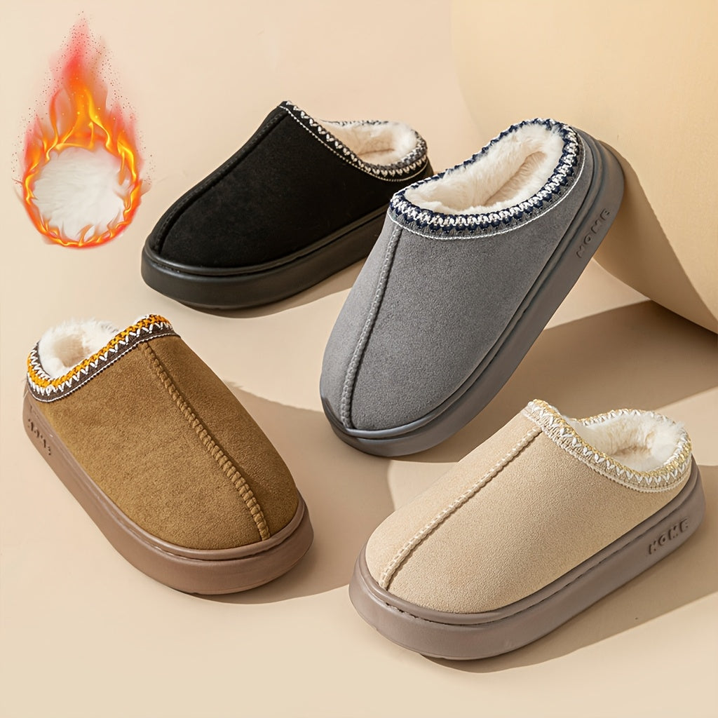 CozyGlide plush fleece-lined slippers in black, grey, brown, and beige colors with anti-slip soles and decorative stitching