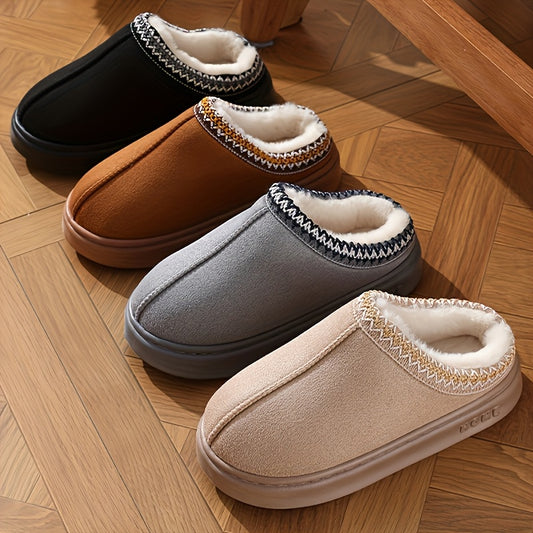 CozyGlide plush slippers in black, brown, grey, and beige with fleece lining and Nordic trim on hardwood floor - comfort footwear