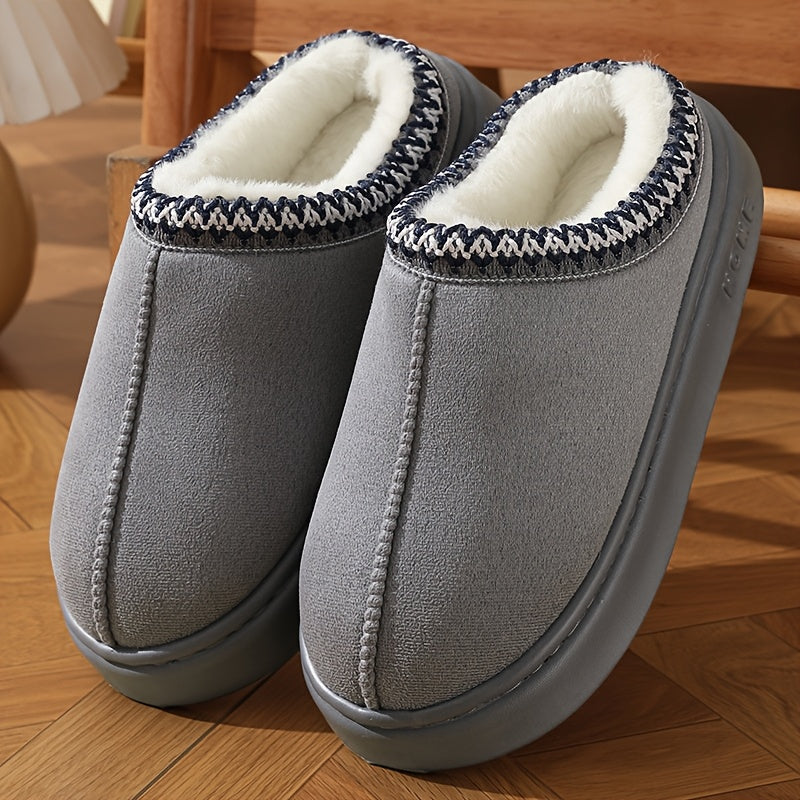 CozyGlide plush slippers in gray with white fleece lining and knit trim on wooden floor - comfortable indoor footwear