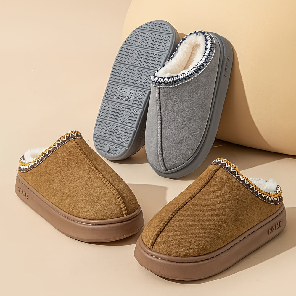 CozyGlide slippers in grey and brown suede with plush fleece lining and anti-slip soles displayed on beige background
