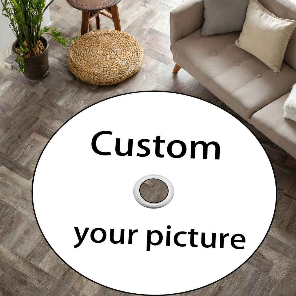 Customizable Disc Carpet displayed as large white round rug with center hole design in modern living room with beige sofa