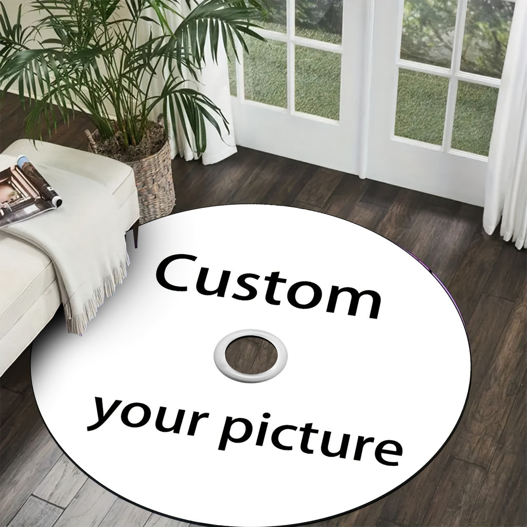 Customizable Disc Carpet displayed as oversized white CD on dark hardwood floor next to white sofa and indoor palm plant