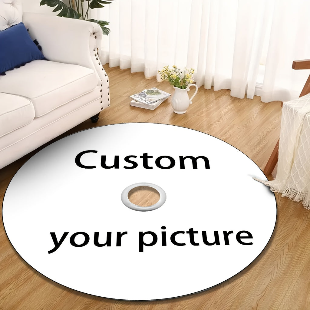 Customizable Disc Carpet displayed as white circular rug with center hole in modern living room with white couch and hardwood floor
