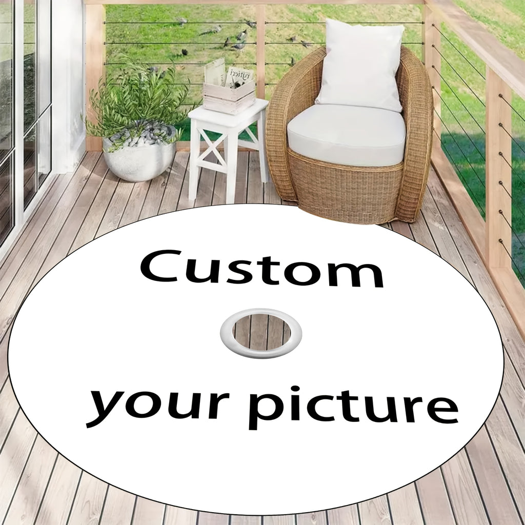 Customizable Disc Carpet displayed on wooden deck, featuring demo text and circular vinyl design on white background
