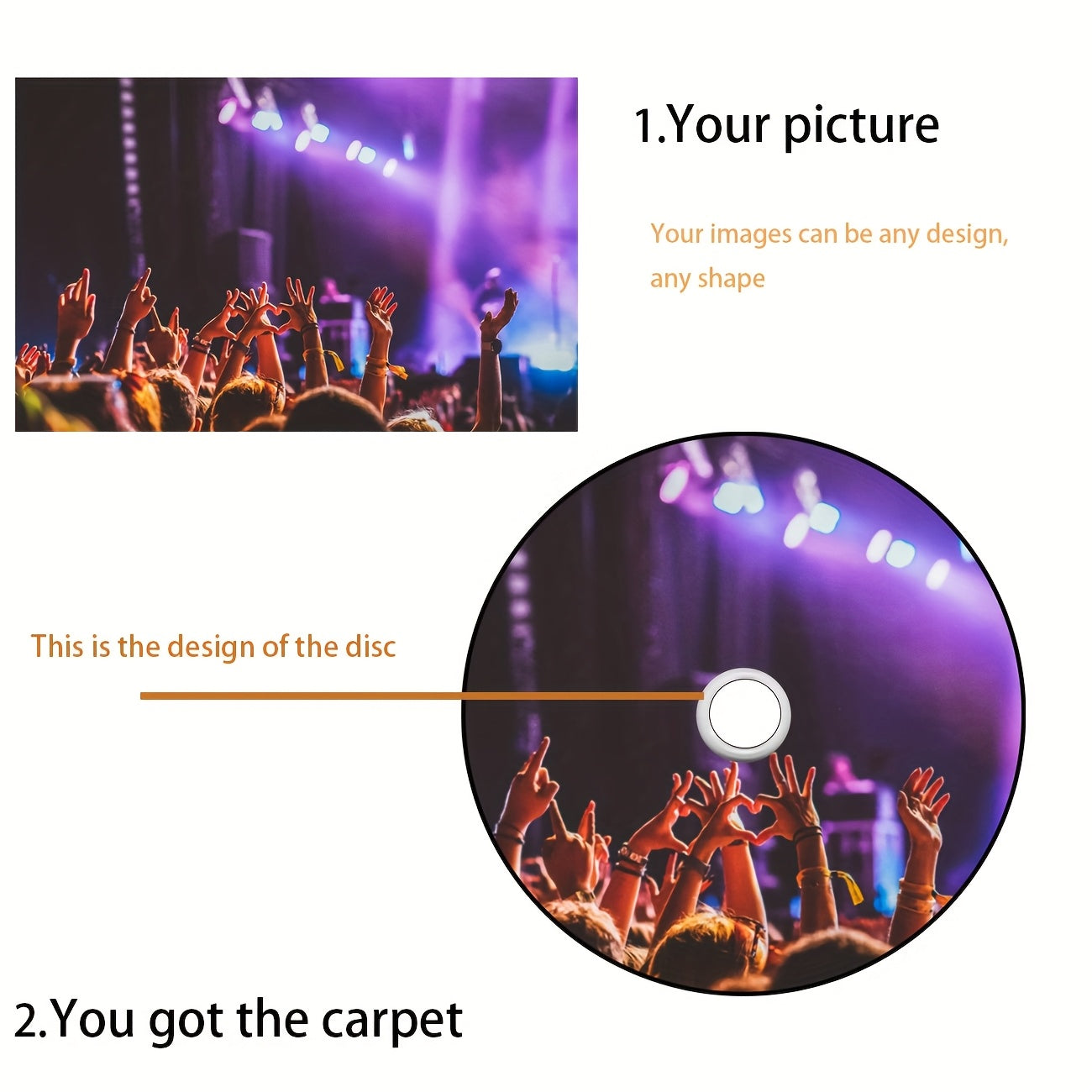 Customizable Disc Carpet featuring concert crowd silhouette with purple stage lighting - circular design demonstration with center hole