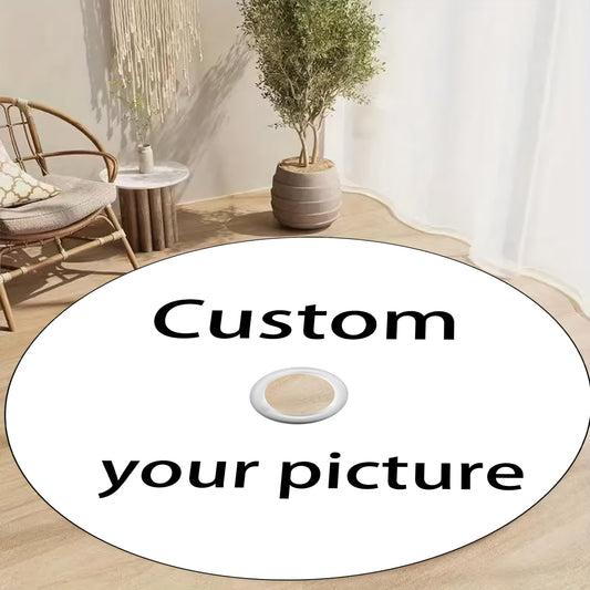 Customizable Disc Carpet in white with 'Custom your picture' text displayed on round vinyl-style rug in modern room setting