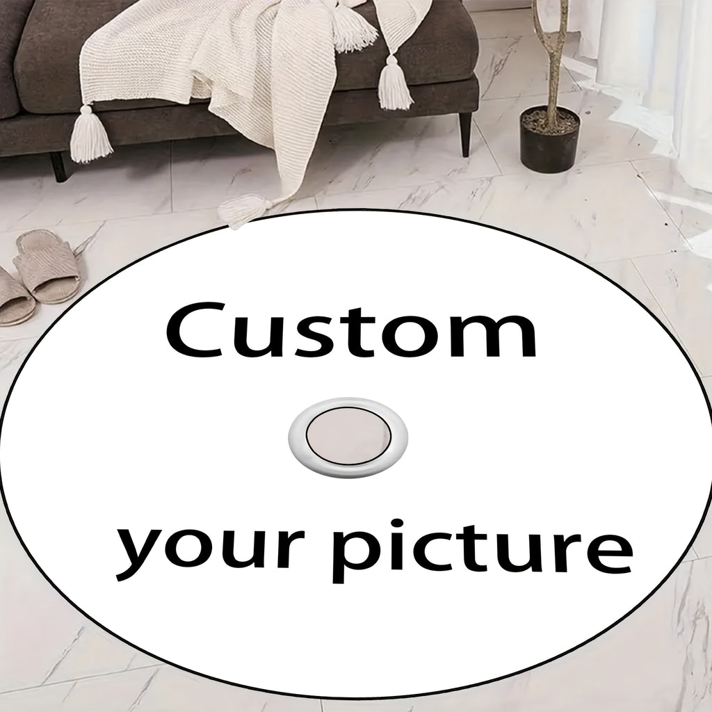 Customizable Disc Carpet shown as white circular rug with vinyl record design on marble floor near gray couch and potted plant
