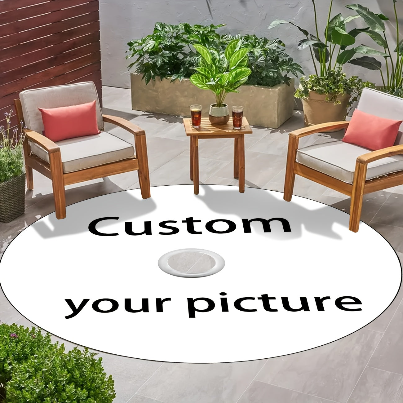 Customizable Disc Carpet shown in white circular design with text display, styled in outdoor patio setting with wooden furniture
