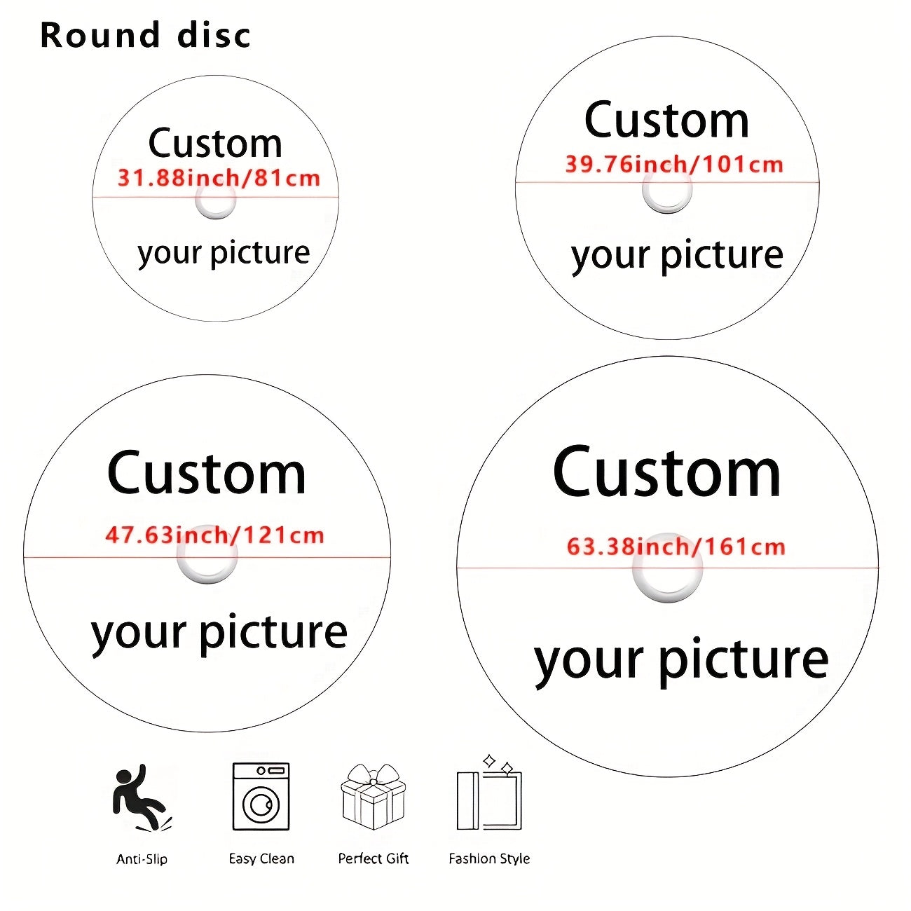 Customizable Disc Carpet size comparison showing four circular templates with measurements from 31.88 to 63.38 inches, with care icons below
