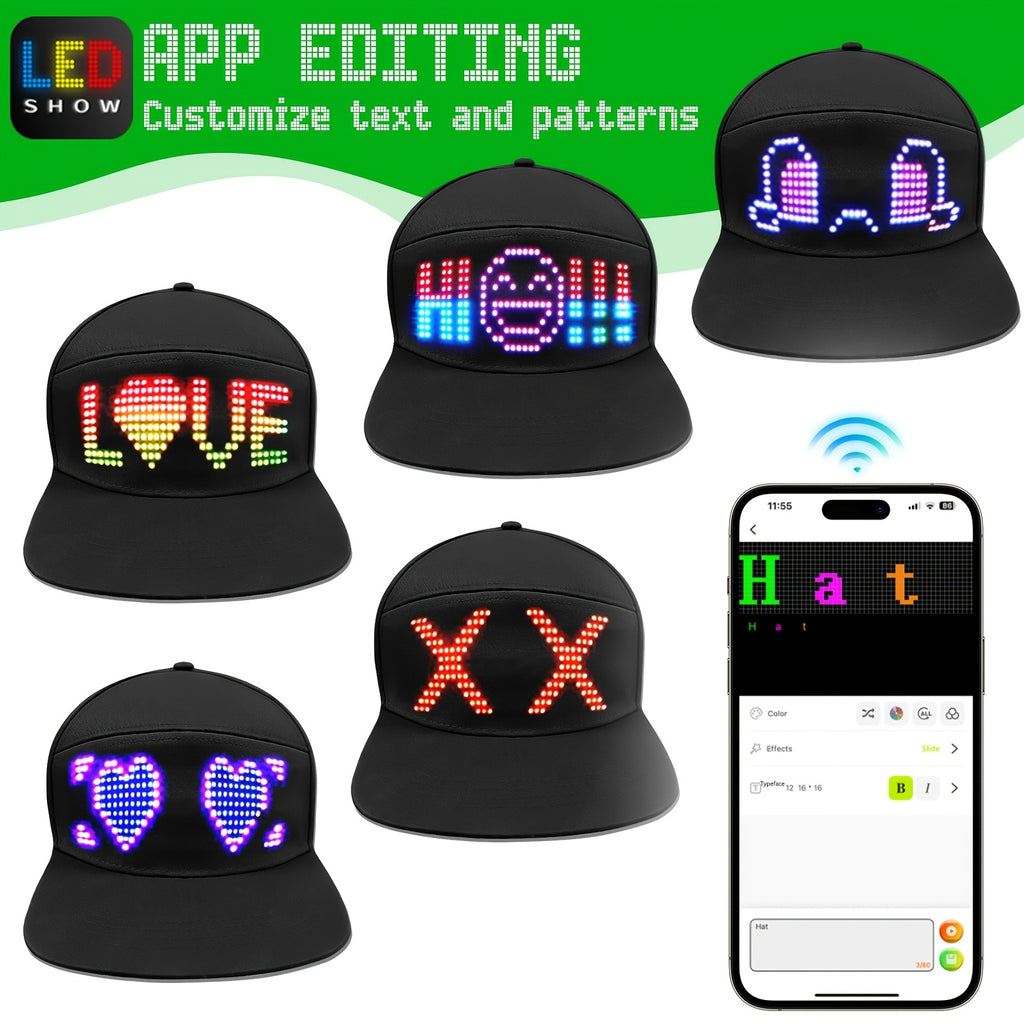 Customizable LED Smart Hat collection showing multiple display patterns and smartphone app control interface on green background