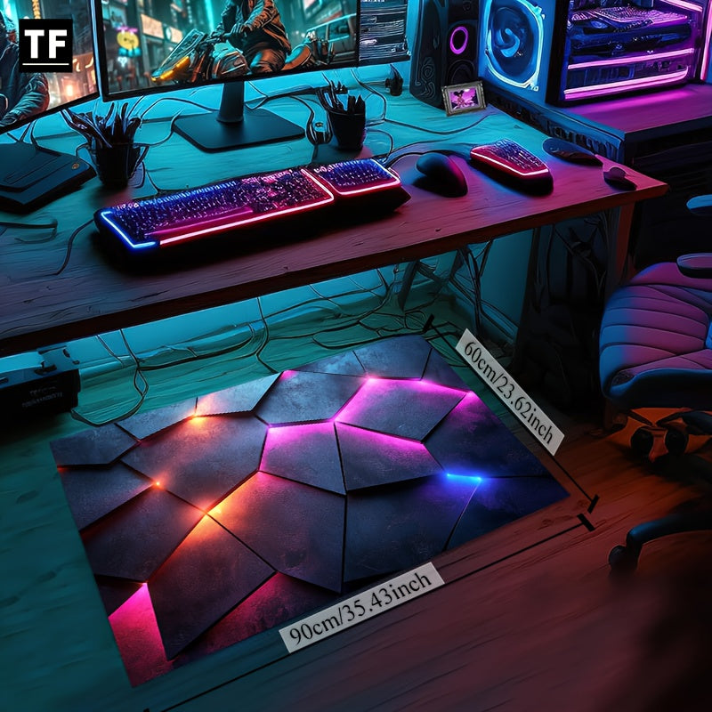 CyberFlux Rug in geometric hexagon pattern with blue, pink, and orange LED-style glow effects on dark gaming room floor
