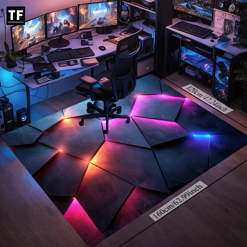 CyberFlux Rug in geometric pattern illuminated by pink, blue and orange LED lighting in modern gaming setup with monitors