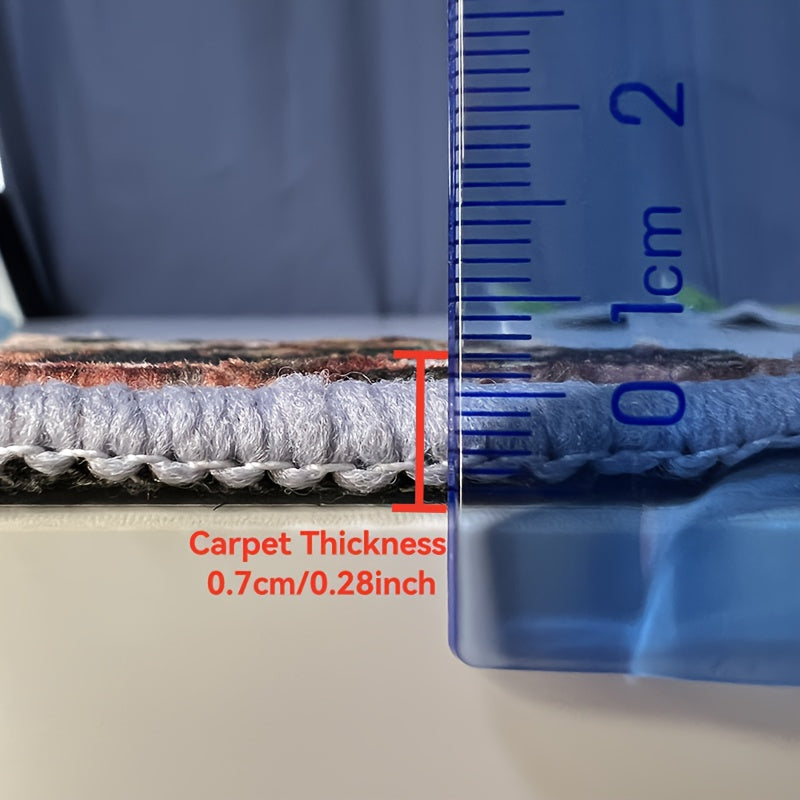 CyberFlux Rug thickness measurement showing 0.7cm plush gaming carpet with ruler scale demonstration in blue