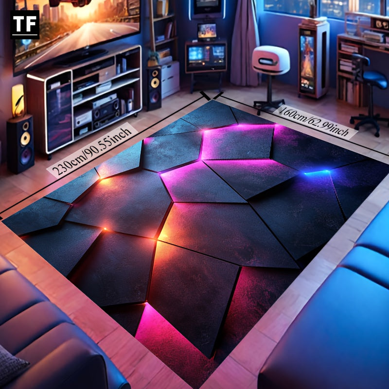CyberFlux Rug with geometric black panels illuminated by vibrant pink and blue LED-style glow effects in modern gaming room setup